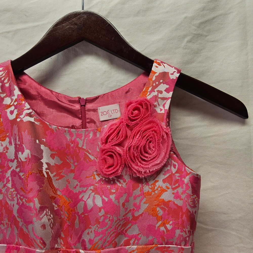 Zoe Ltd Dress Kids Size 12 Pink Abstract Floral Rosette Sleeveless Party Formal